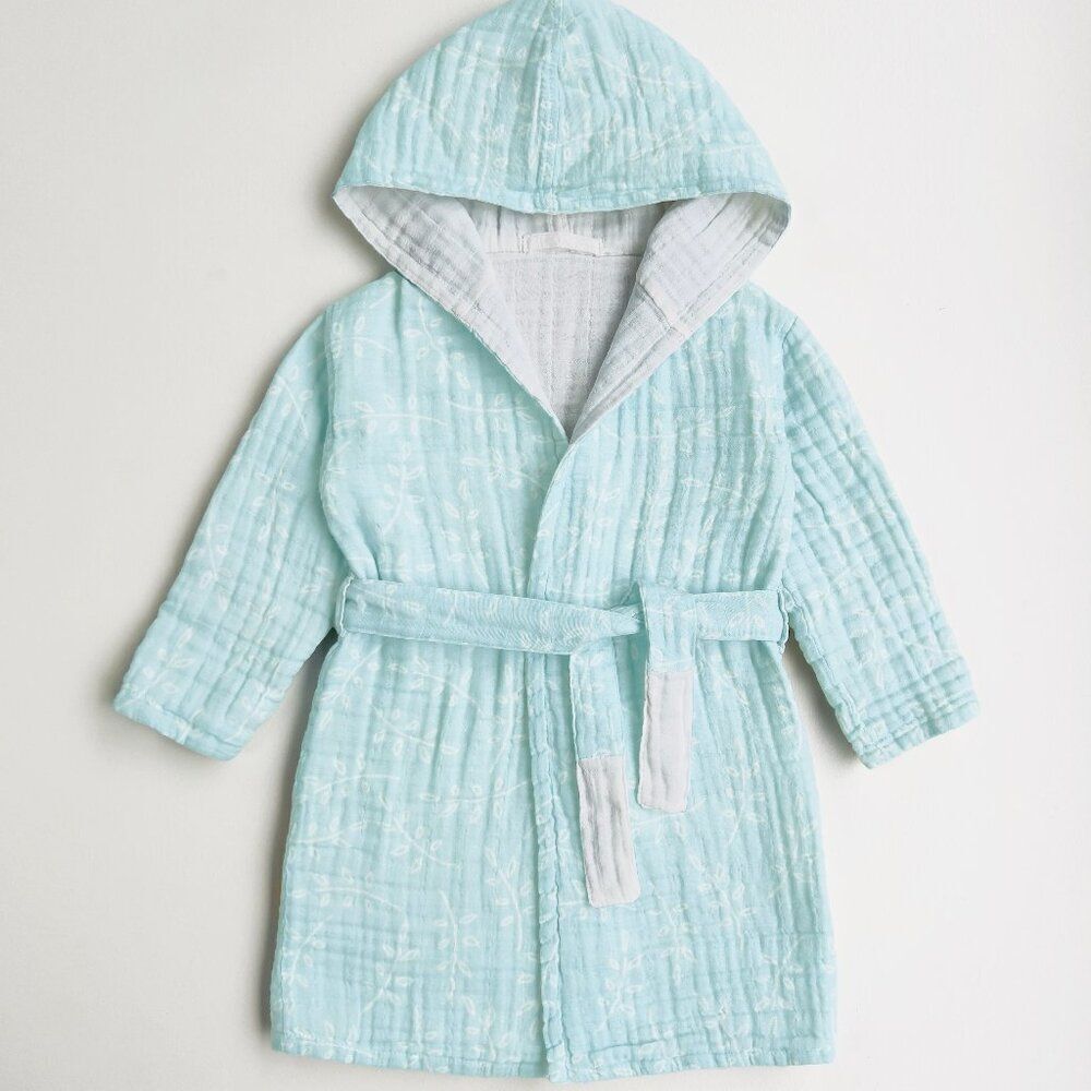 KIDS Organic Muslin Cotton Bathrobe - Reversible Blue Leaves
